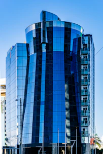 blue and white glass building