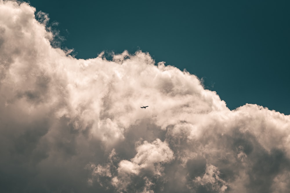 airplane flying under white clouds and blue sky during daytime
