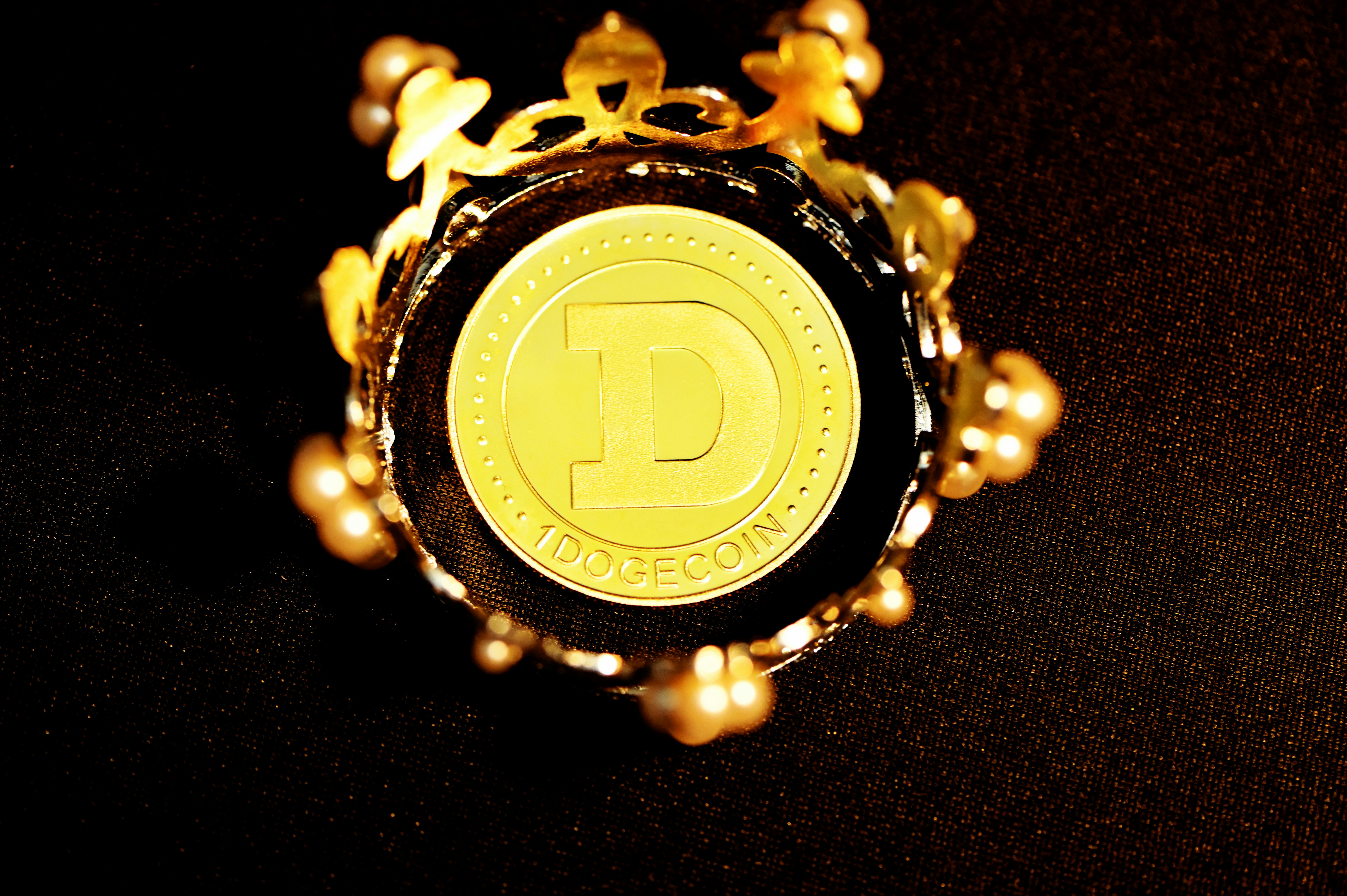 A Dogecoin centered in the middle of a crown.