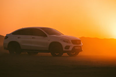A sleek vehicle driving through the desert landscape of Rajasthan at sunset.