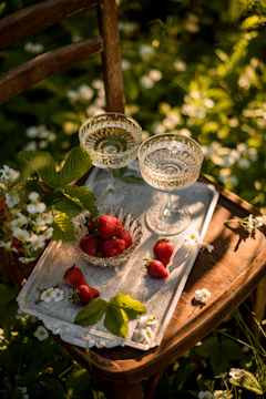 A strawberry-themed garden party setup with pastel pink decorations and crystal wine glasses sparkling in the sunlight.