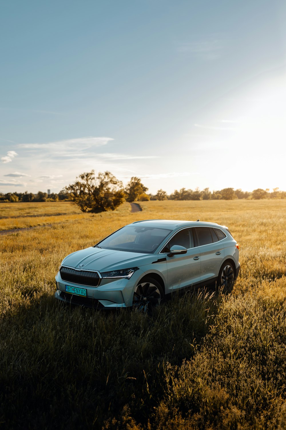 blue bmw m 3 on brown grass field during daytime