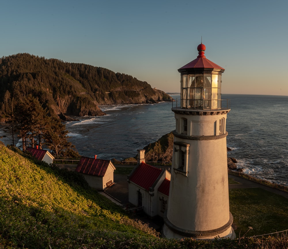 white and brown lighthouse near body of water during daytime