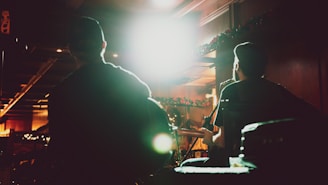 Silhouettes of two musicians, likely playing guitars, are seen performing in a dimly lit venue. Bright lights create a dramatic contrast against their outlines, and festive garlands decorate the background.