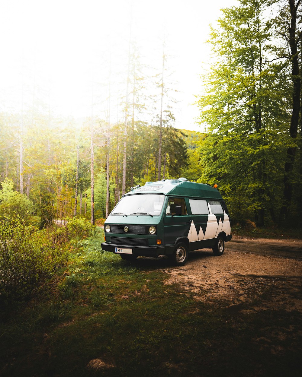 white and black suv on dirt road in between green trees during daytime