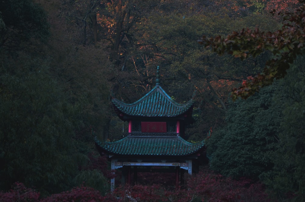 black wooden gazebo surrounded by trees