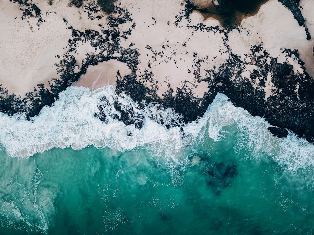 brown and black sand on body of water