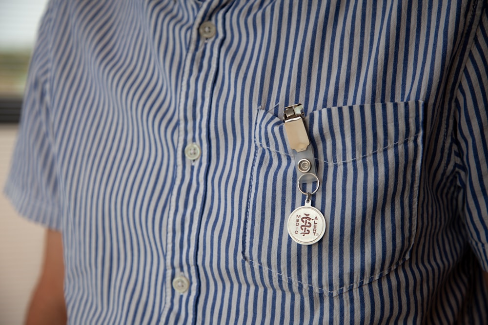 blue and white striped button up shirt