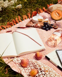 A picnic scene with a patterned orange and white blanket spread over grass. Various items are arranged on the blanket, including an open notebook with a brown ribbon bookmark, a collection of fruit such as peaches and grapes, a cut round of cheese with a cheese knife, prosciutto, half a cantaloupe, a loaf of bread, and a bottle of rosé wine. A book by F. Scott Fitzgerald is also visible alongside a net bag containing more peaches. White flowers can be seen on the grass border.