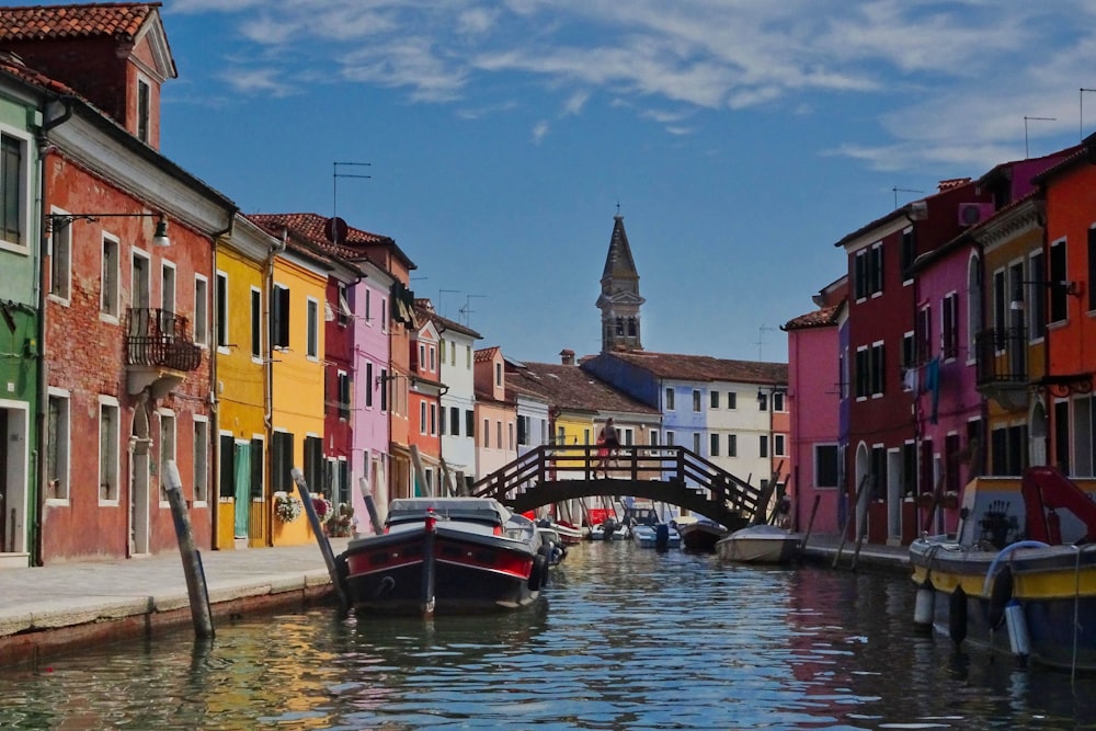 boat on river between buildings during daytime