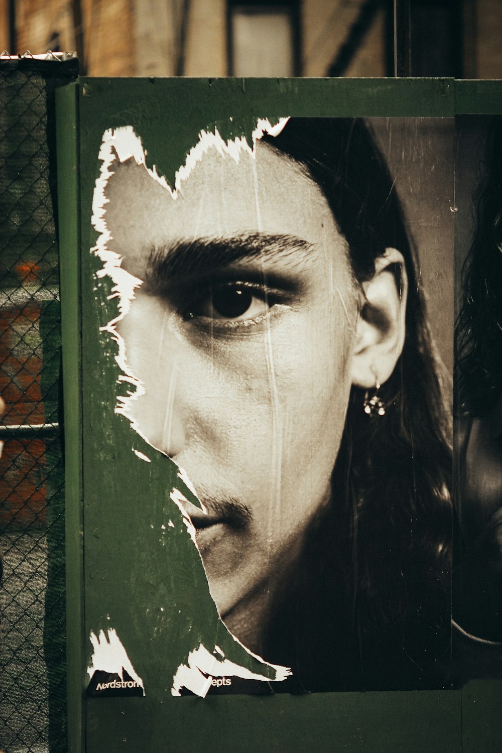 womans face on black metal fence