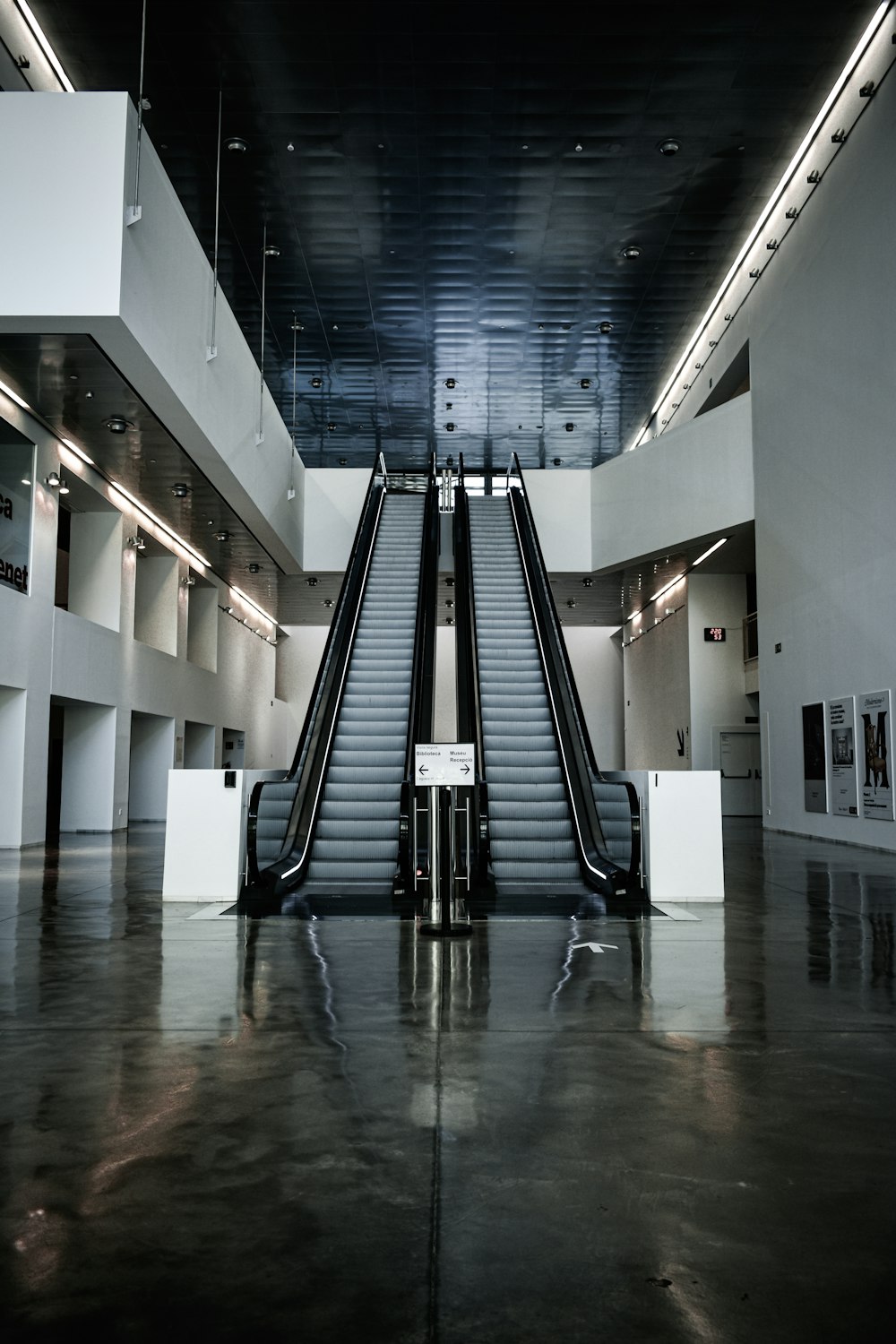 black and white escalator inside building