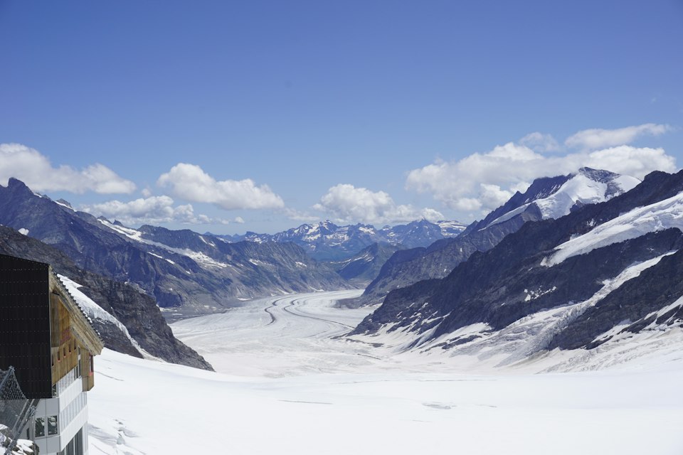 Snow-covered peaks at Jungfraujoch, Top of Europe, near the Sphinx Observatory