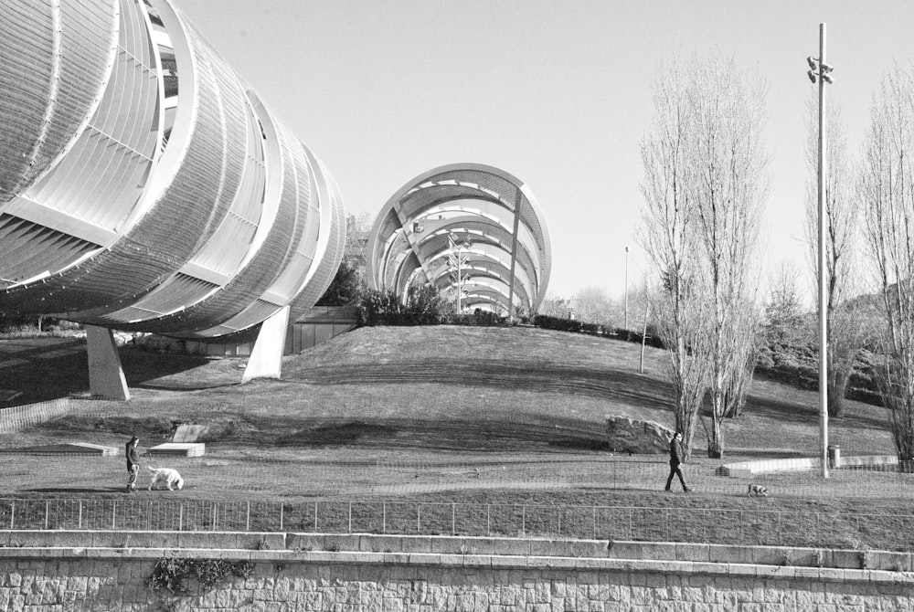 grayscale photo of round building