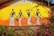 A vibrant mural depicts four stylized figures dressed in traditional clothing and adorned with jewelry. The art uses black and white against a bright orange and yellow gradient background. Nearby, colorful pink and purple flowers add to the scene, along with green foliage in the foreground.
