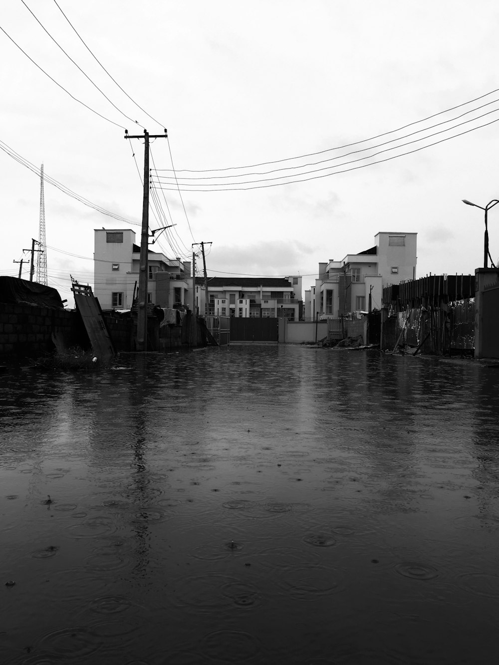 grayscale photo of buildings near body of water