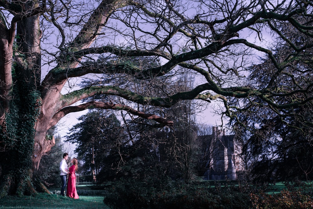 woman in red dress standing on green grass field surrounded by bare trees during daytime