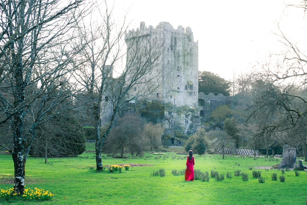 person in red robe standing on green grass field near bare trees during daytime