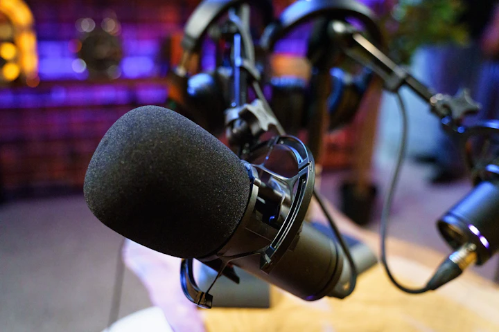 A studio microphone on a black stand against deep shadow — a quiet, contemplative recording setup matching a no-interview field episode