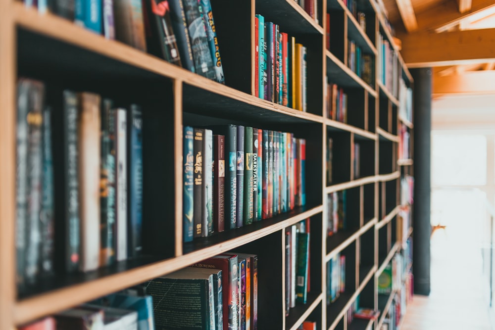 books on brown wooden shelf