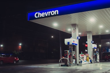 a chevron gas station at night time