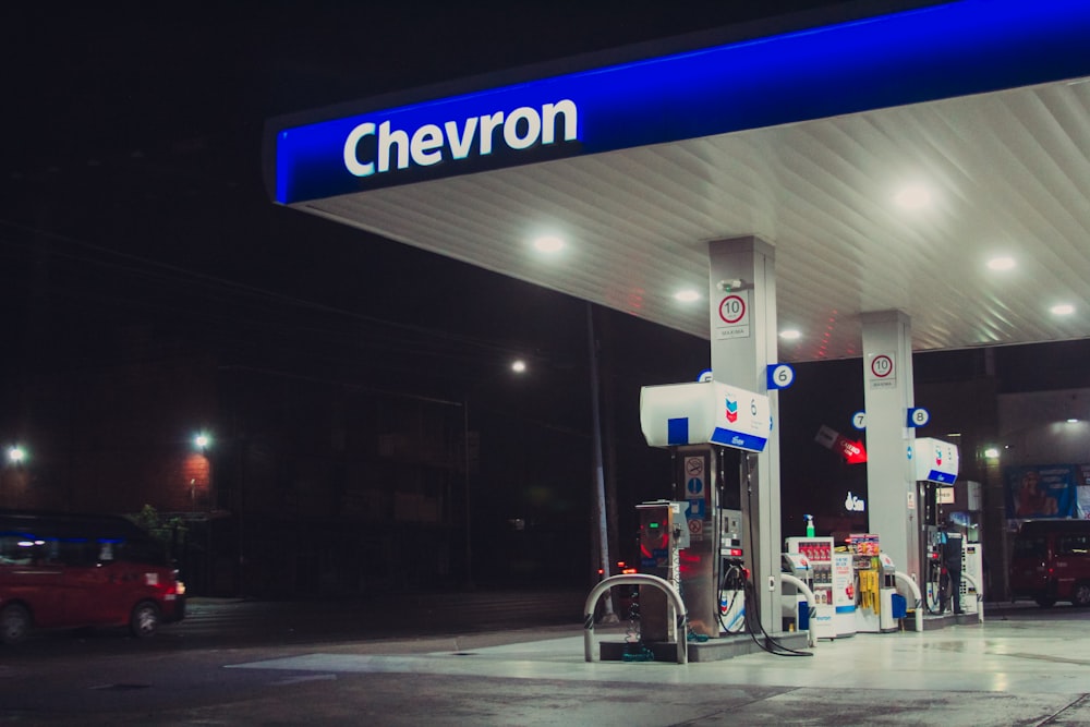 a chevron gas station at night time
