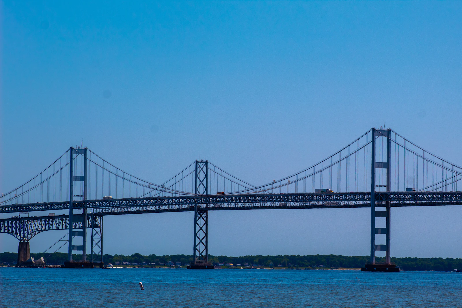 The Chesapeake Bay Bridge near Annapolis, Maryland over blue water