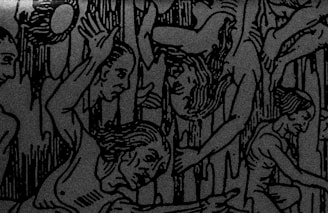A detailed black and white illustration depicting several human figures intertwined with flowing and abstract forms. The figures exhibit various poses and facial expressions, conveying a sense of movement and complexity. The lines are bold, with a woodcut style, creating a textured and dynamic composition.