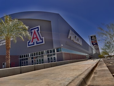 A large sports arena with the word 'Arizona' prominently displayed on the side. The building is modern with a large letter 'A' logo. There is a palm tree in the foreground, and banners are displayed on the right side along a walkway. The setting is sunny with blue skies.