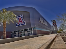 A large sports arena with the word 'Arizona' prominently displayed on the side. The building is modern with a large letter 'A' logo. There is a palm tree in the foreground, and banners are displayed on the right side along a walkway. The setting is sunny with blue skies.