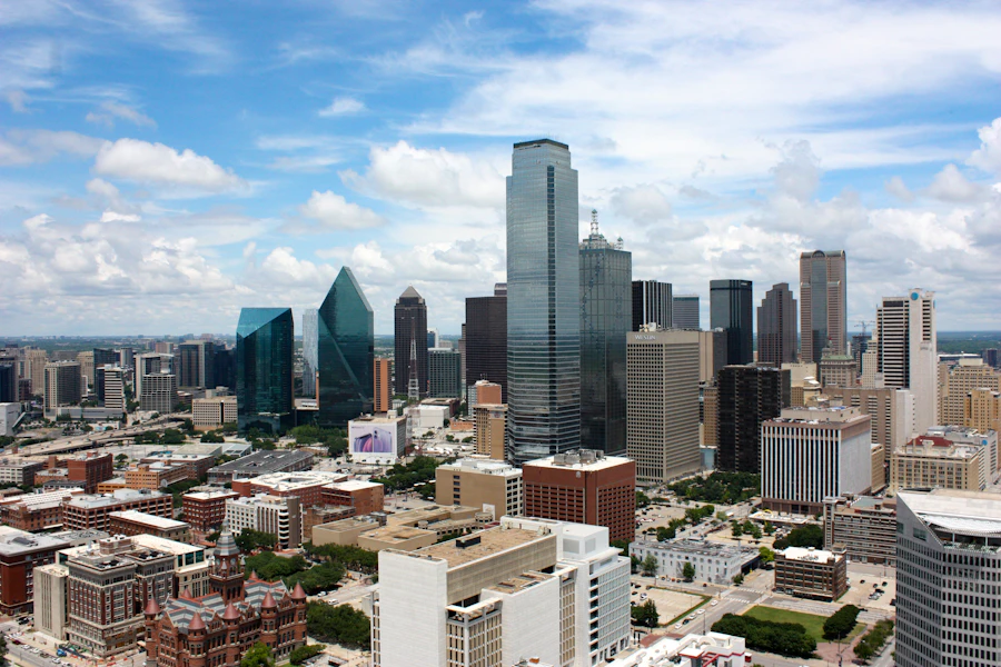 Dallas downtown skyline with tall buildings under a clear blue sky