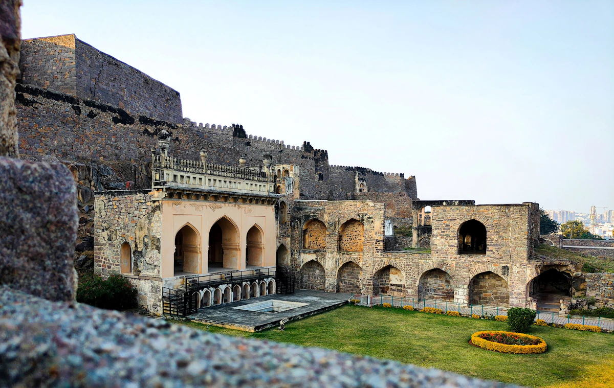 Golconda Fort in Hyderabad, with the modern city skyline on the horizon