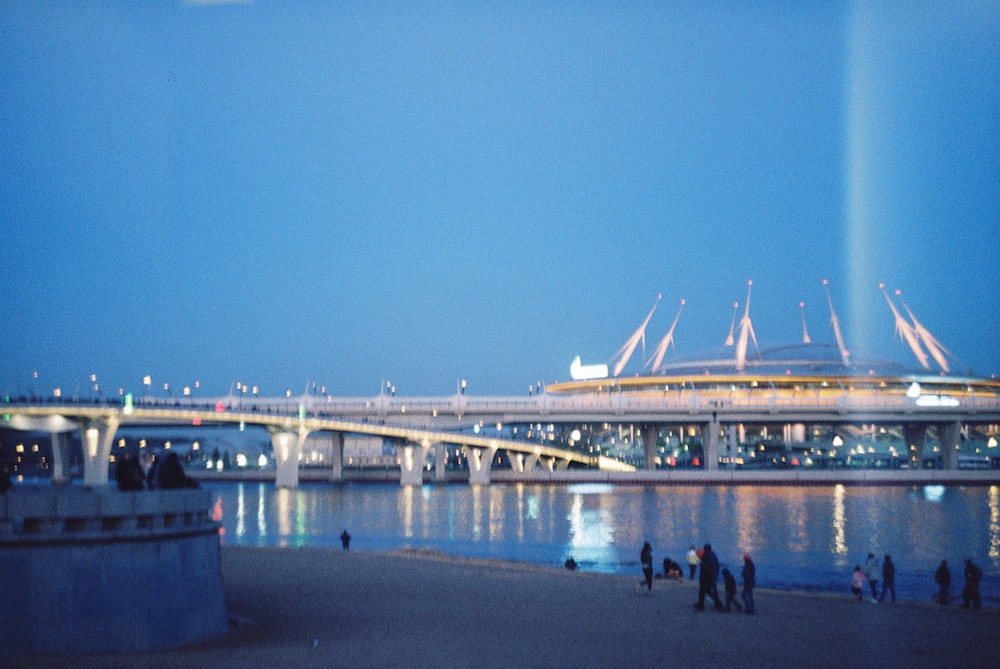 people walking on beach near white bridge during night time