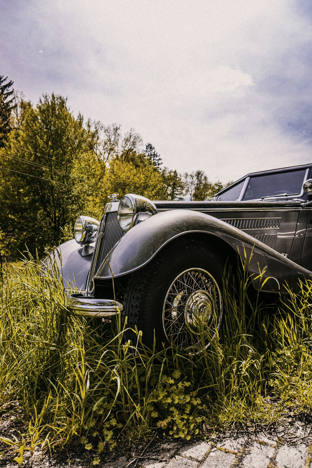 Auto d'epoca nera sul campo di erba verde durante il giorno