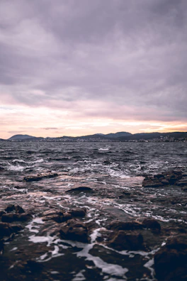 Researchers measuring wave heights along a rocky shoreline at sunrise
