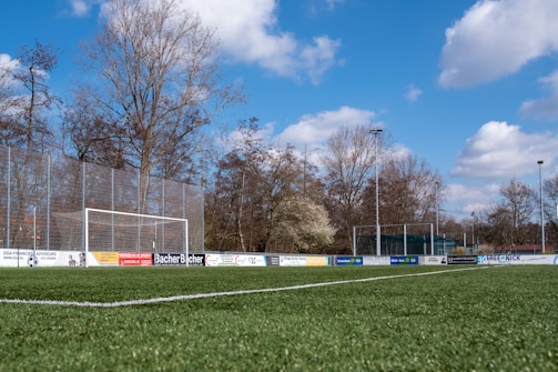 A soccer field with a green grass surface and a white goalpost situated to the left. The field is surrounded by tall, leafless trees, and a clear blue sky with scattered clouds creates a calm backdrop. Advertising banners are displayed along the fence bordering the field.