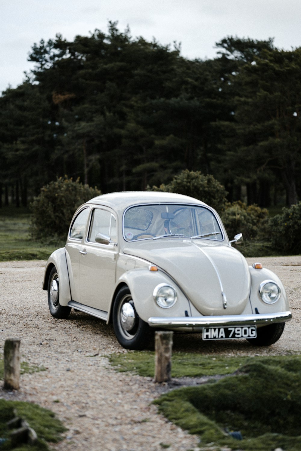 Volkswagen Beetle blanco estacionado en un campo de hierba verde durante el día