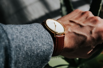 person wearing brown leather strap gold round analog watch