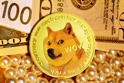 Dogecoin contrasted with fiat currency on top of white pearls.