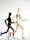 A wooden artist's mannequin is posed in a running motion, casting a shadow on a white background. The shadow mimics the mannequin's pose, adding a dynamic element to the scene. The mannequin's limbs are articulated, showcasing its flexibility.