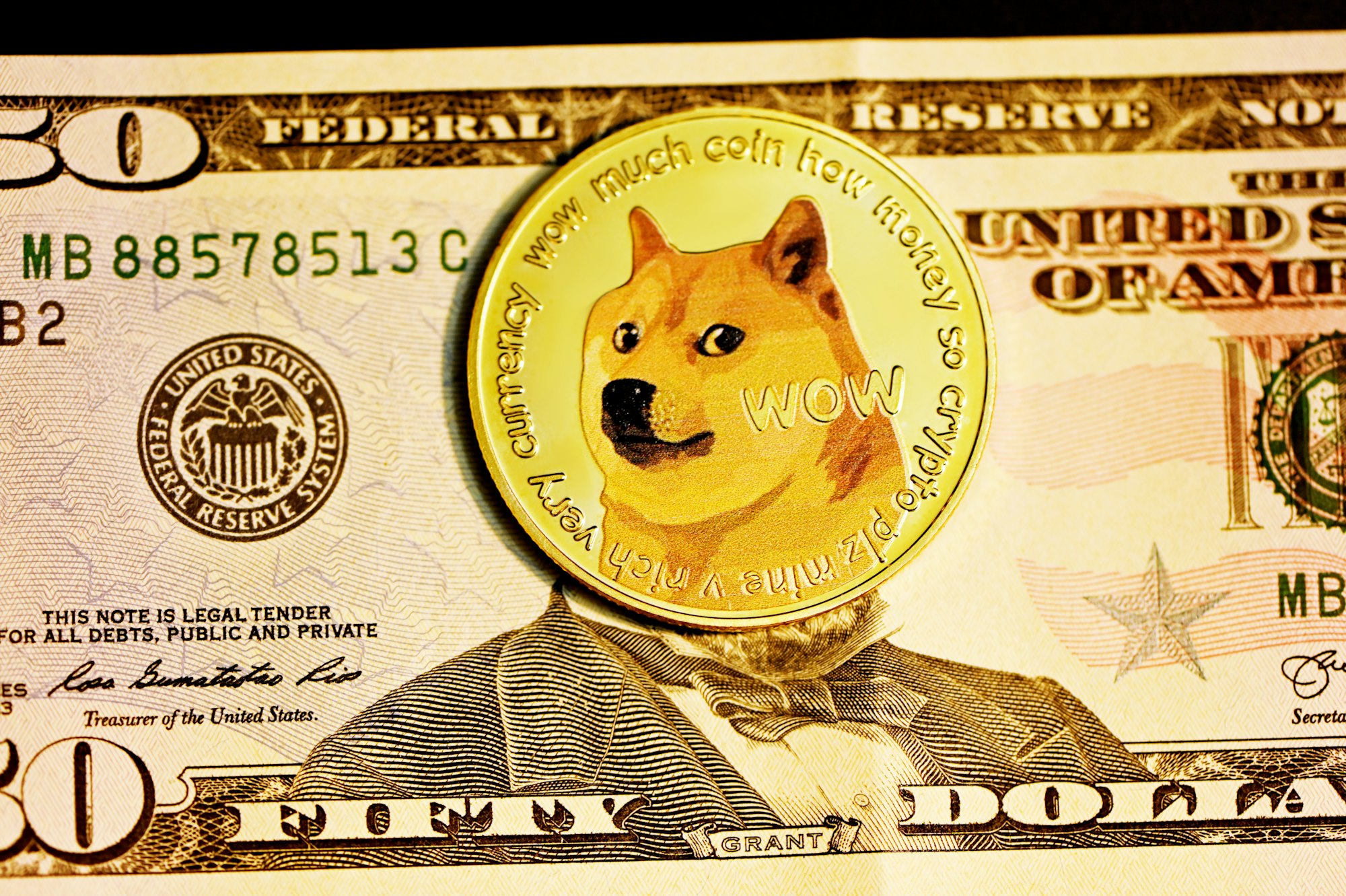 The famous Shiba Inu meme coin, Dogecoin, placed on top of a $50 bill. 