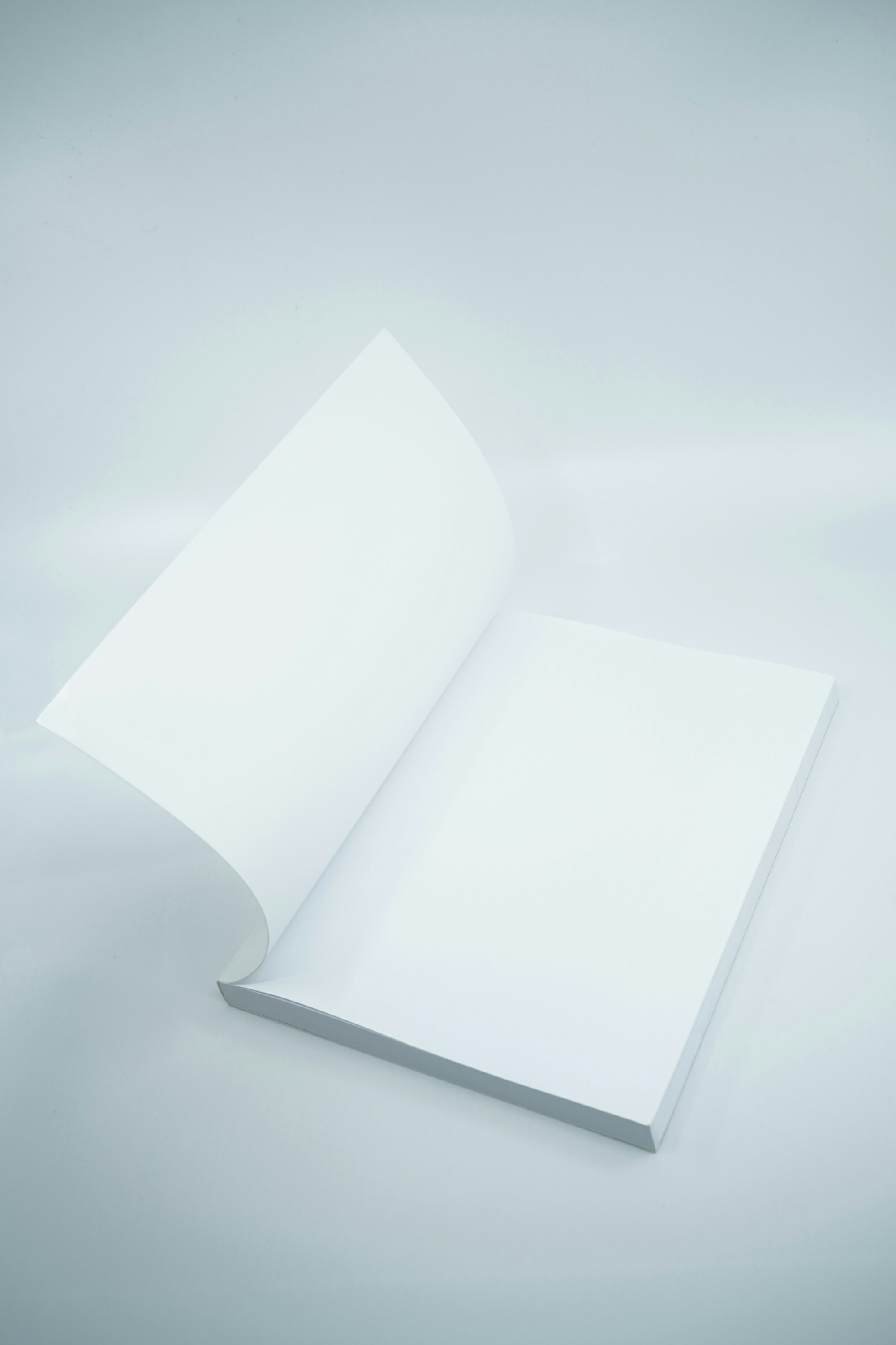 Minimal style photo featuring a blank white open softcover book mockup on a gray studio background scene.