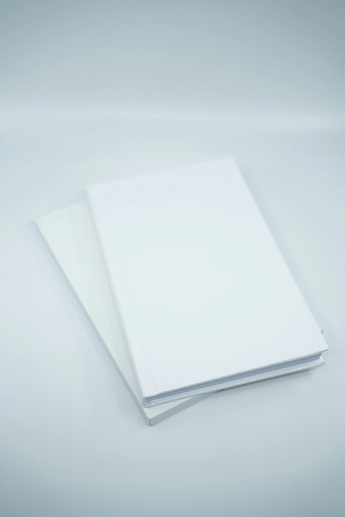 Dos libretas en blanco tipo mockup sobre fondo gris de estudio
