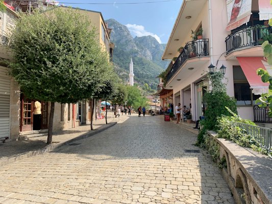 People walking on sidewalk near green trees and buildings during daytime — Sarandë, Albania