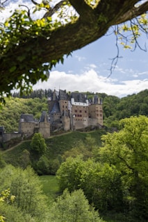 brown concrete castle on top of green mountain during daytime