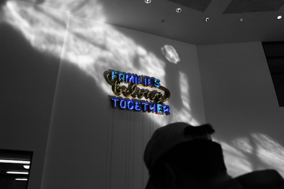 Neon signage with the words 'Families Belong Together' is mounted on a wall, illuminated in bright colors. Shadows cast dramatic patterns on the wall, and the scene includes a silhouette of a person wearing a cap in the foreground.