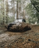 black car on dirt road in between trees during daytime