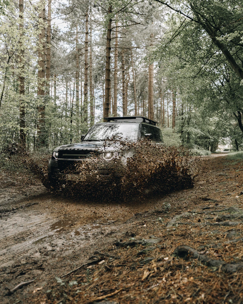 SUV on a dirt road between trees
