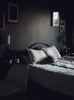 A cozy, dimly lit bedroom with a neatly made bed featuring white pillows and dark bedding. The room has a soft ambiance with framed artwork on the walls and a small plant on a bedside table. A lamp provides subtle lighting.