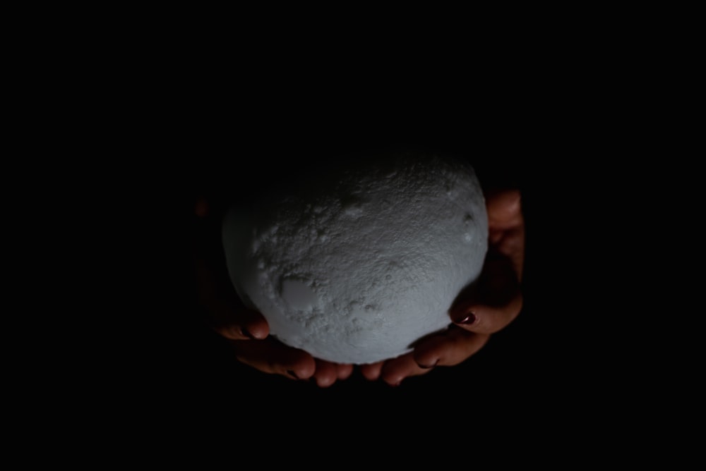 person holding white and brown stone